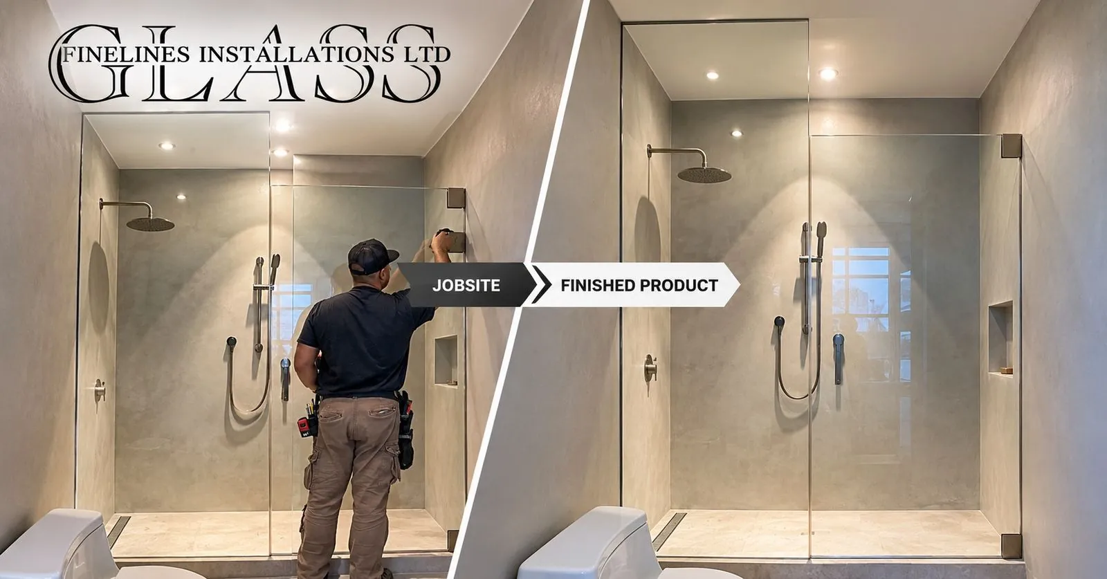 A Finelines Glass installer fitting a frameless glass shower panel on the jobsite, next to a photo of the same enclosure fully finished