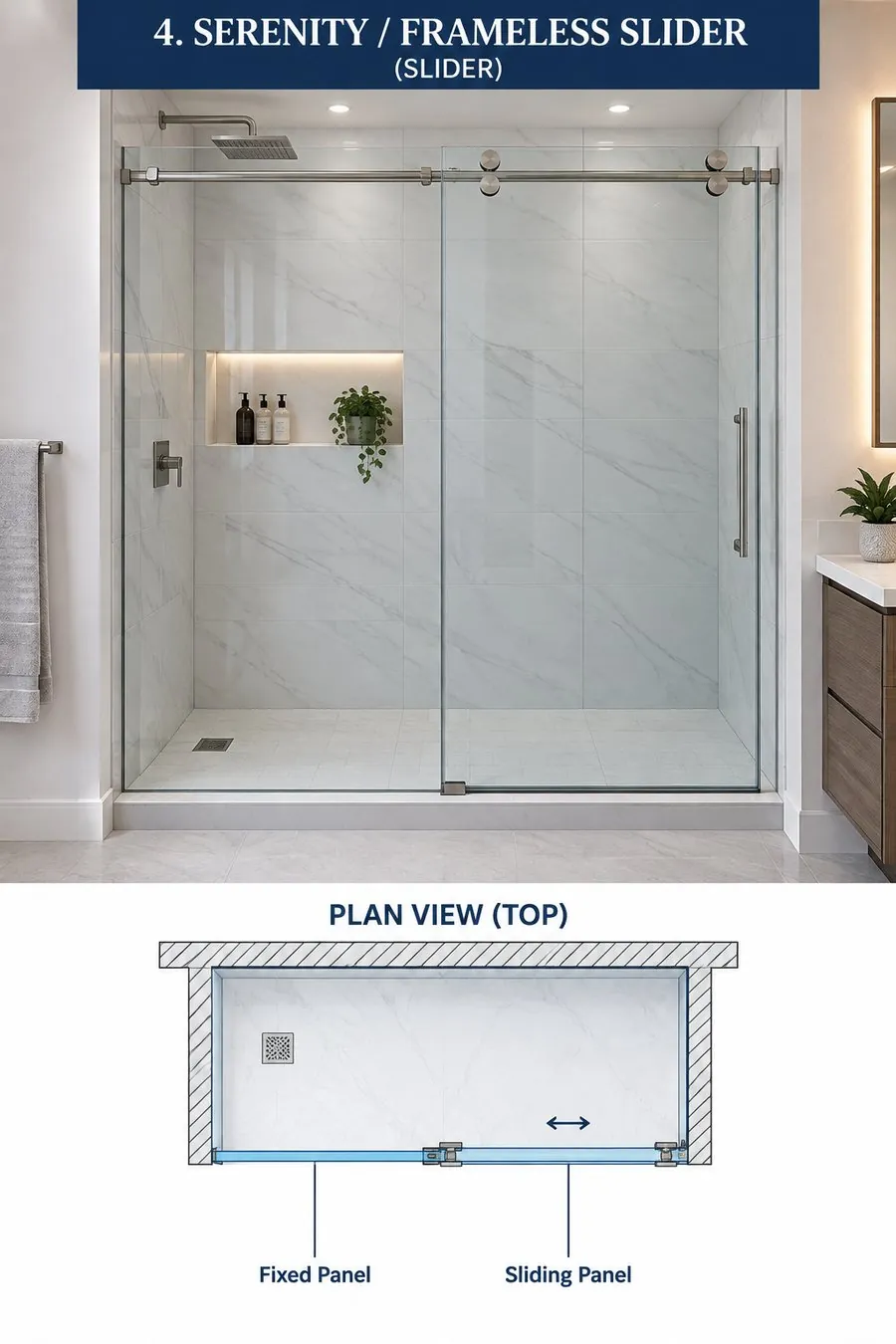 Serenity / Frameless Slider (Slider) — installed enclosure photo and plan-view diagram