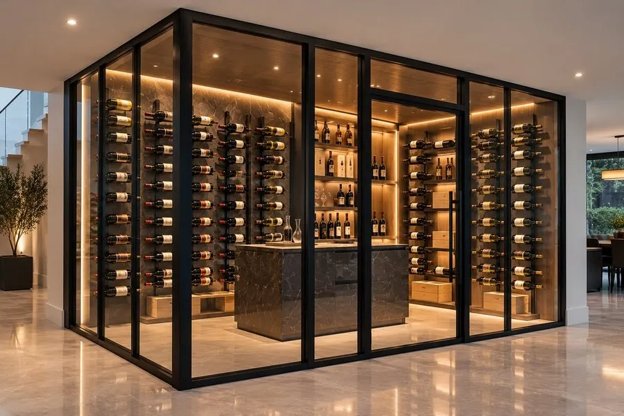 Black-Framed Glass Wine Cellar Enclosures (Contemporary Architectural Glass, Refined Details) — installed wine cellar enclosure